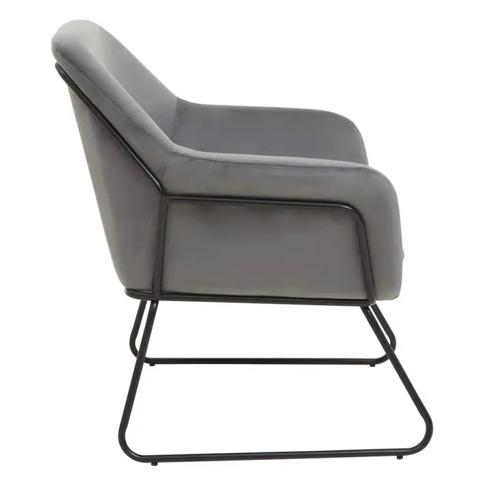 Xander Grey Velvet chair - Side view of Smooth grey velvet angular chair with black sled base legs