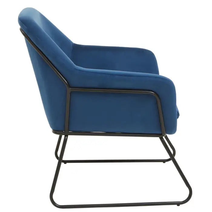 Xander Midnight Velvet chair - Side view Smooth midnight blue velvet angular chair with black sled base legs