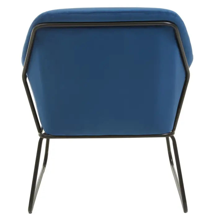 Xander Midnight Velvet chair - Back view Smooth midnight blue velvet angular chair with black sled base legs