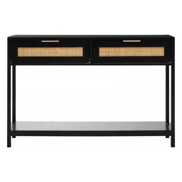 This Sherman console table - crafted wood with a black paint finish and natural rattan panels on the front of the drawers