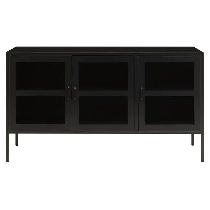 Black Sideboard with three glass doors that offer a glimpse into the adjustable inner shelves