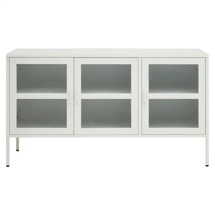 The ACIER White Sideboard, with three glass doors for easy access to adjustable inner shelves.