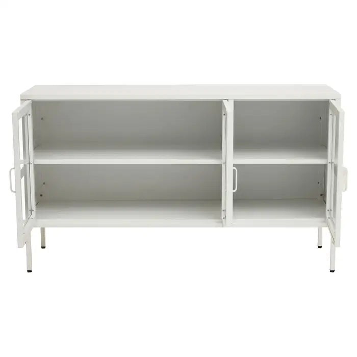 Open View The ACIER White Sideboard, with three glass doors for easy access to adjustable inner shelves.