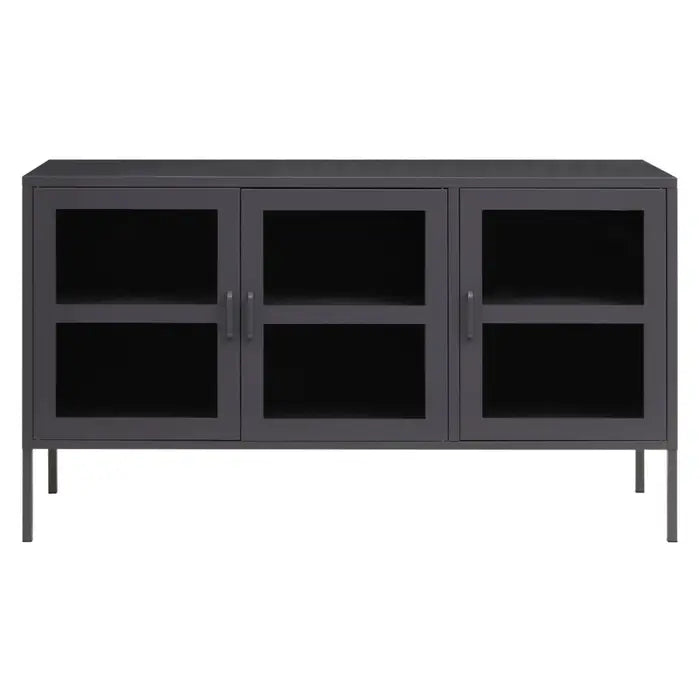 Grey sideboard with three glass doors that reveal adjustable inner shelves