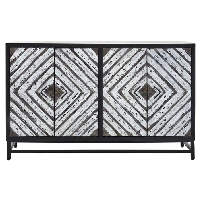 Lombok four door sideboard with geometric wood pattern and black metal frame legs and internal storage