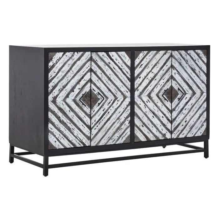 Lombok four door sideboard with geometric wood pattern and black metal frame legs and internal storage