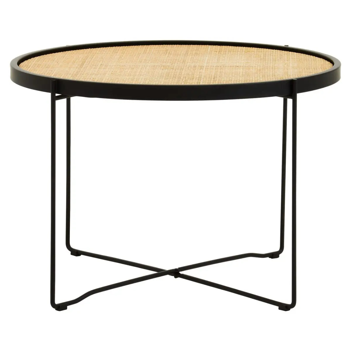 This coffee table with a natural rattan top and cross metal base