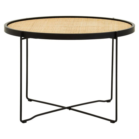 This coffee table with a natural rattan top and cross metal base