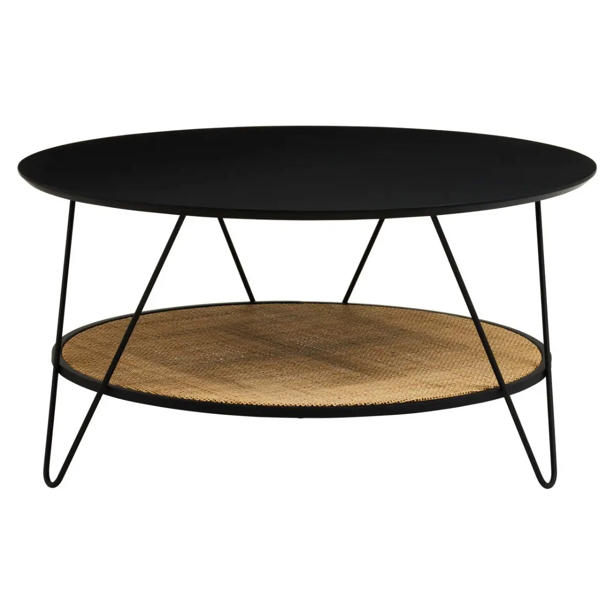 This coffee table has a natural rattan storage shelf with black metal top and black metal hairpin legs