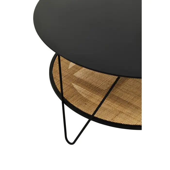 This coffee table has a natural rattan storage shelf with black metal top and black metal hairpin legs