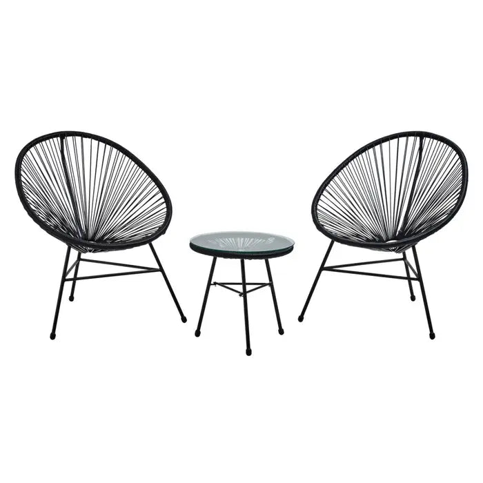 MIAMI Black Rattan 3 Piece Patio Set -Black steel rattan design patio set two outdoor seats and outdoor round table