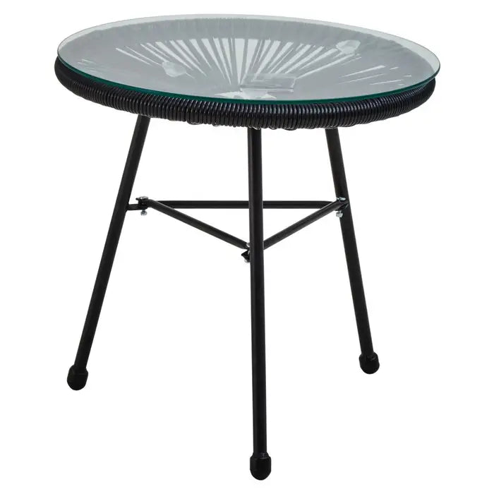 Black steel base, glass top outdoor table