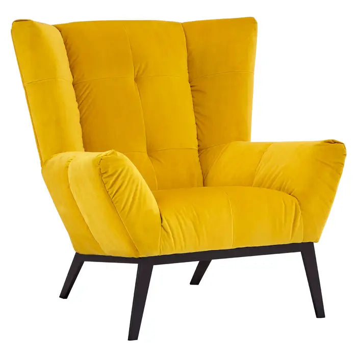 Maiko Yellow Armchair - Wingback armchair upholstered in soft yellow velvet with black finished legs 