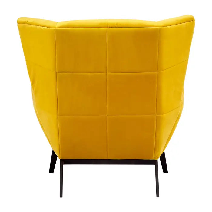 Maiko Yellow Armchair - back view of Wingback armchair upholstered in soft yellow velvet with black finished legs 