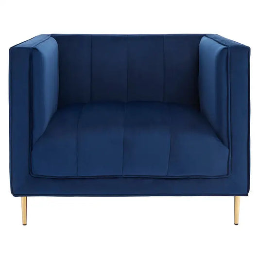 Oytlia armchair - Slimline square sofa upholstered in deep blue velvet with tufted detail and pipe trim, supported gold finish metal legs