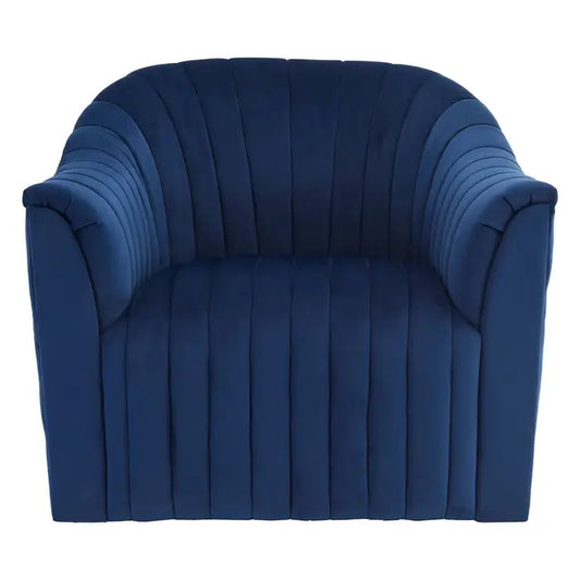 Opel blue velvet chair - blue velvet upholstered chair with vertical tufting and black feet made from natural wood