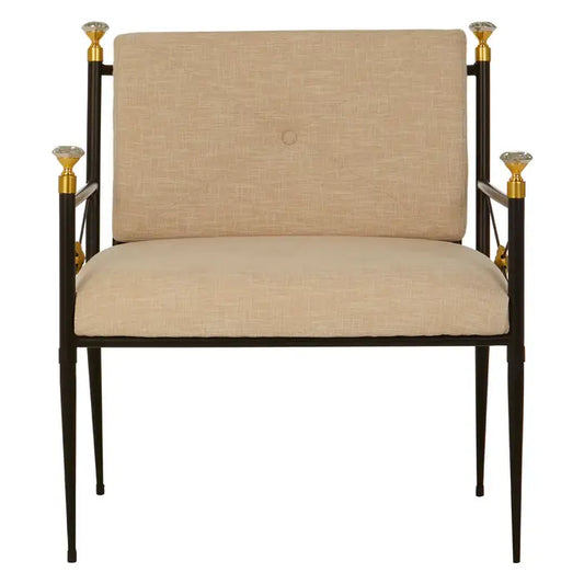 The Monroe Chair - beige upholstered chair with black metal frame and tapered legs and finished with gold diamanté tips on the arms 