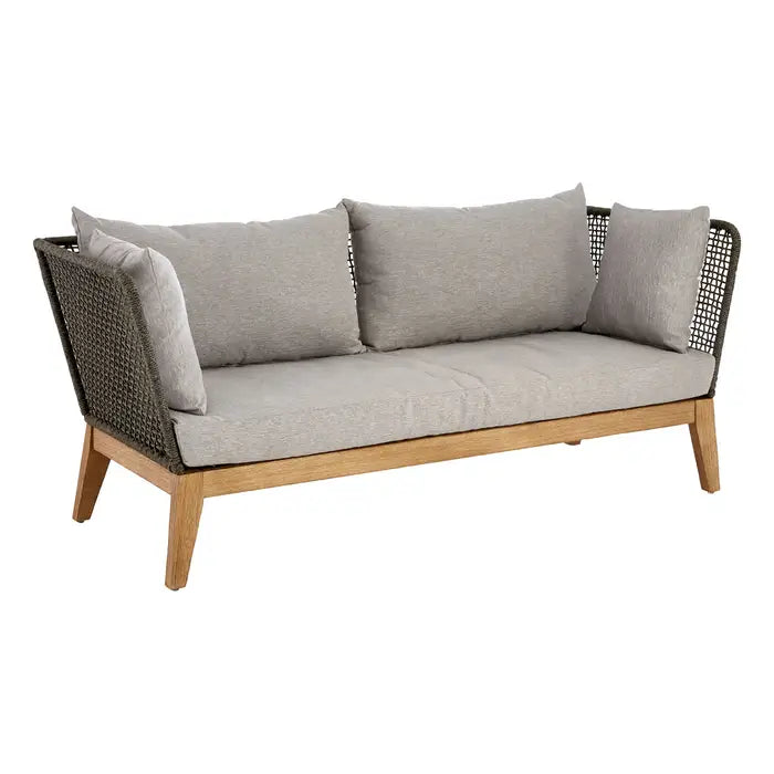 OPUS 3 Seat Grey Sofa, with flared back and arms. Grey padded seat cushions and angular wooden legs