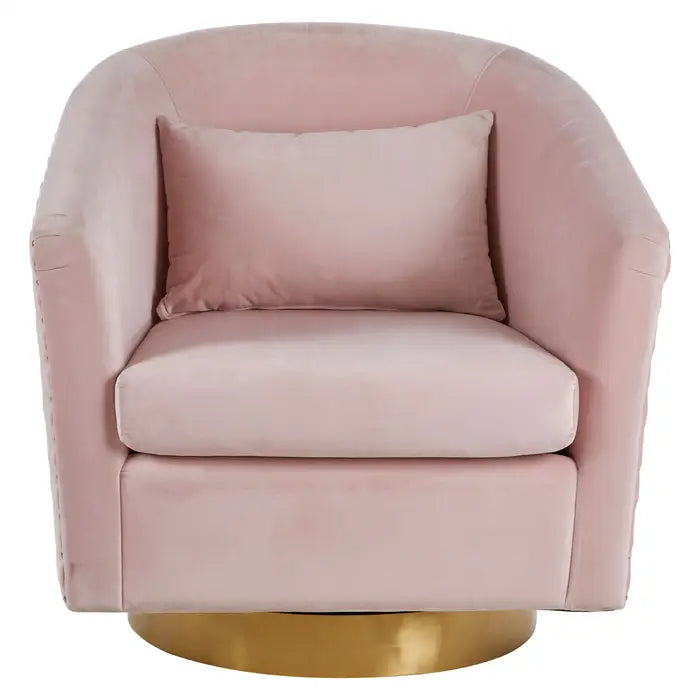 The Plazoni chair - Pink velvet curved armchair with geometric stitching to the back and round gold finish base