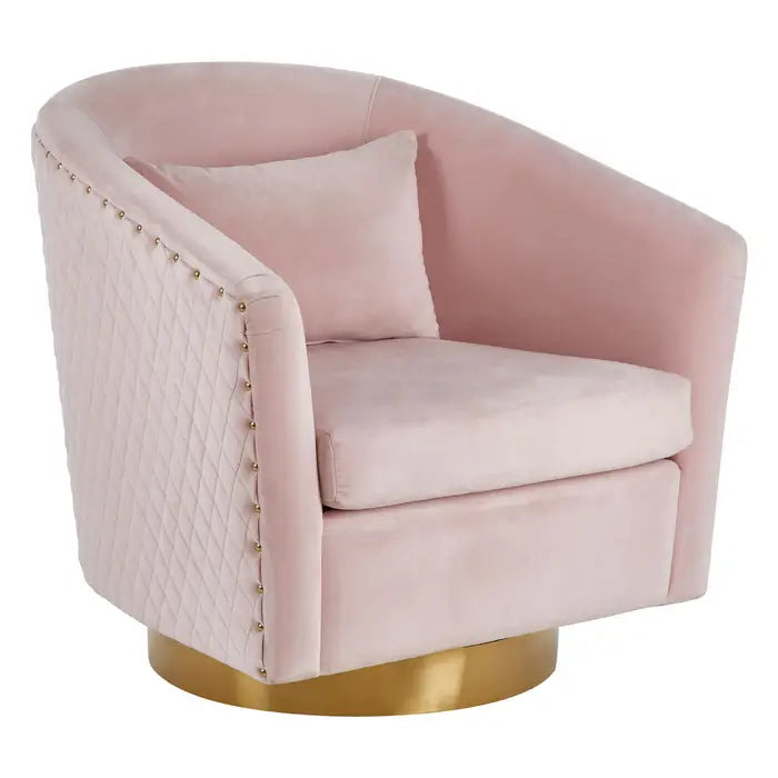 The Plazoni chair - Pink velvet curved armchair with geometric stitching to the back and round gold finish base