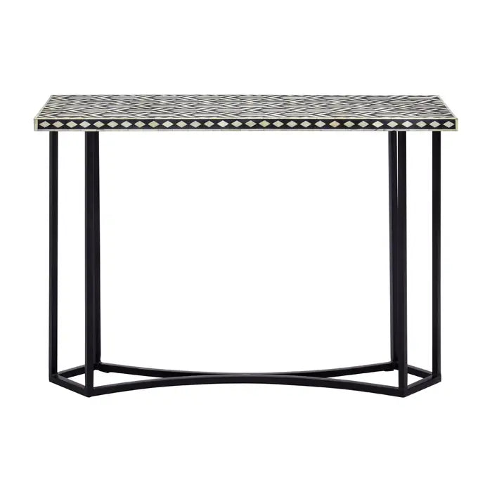 BOHO console table made of sheesham wood, a rectangular top with a black and white bone inlay pattern,cutout black tiles and a diamond pattern on the sides.