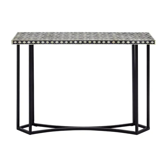 BOHO console table made of sheesham wood, a rectangular top with a black and white bone inlay pattern,cutout black tiles and a diamond pattern on the sides.