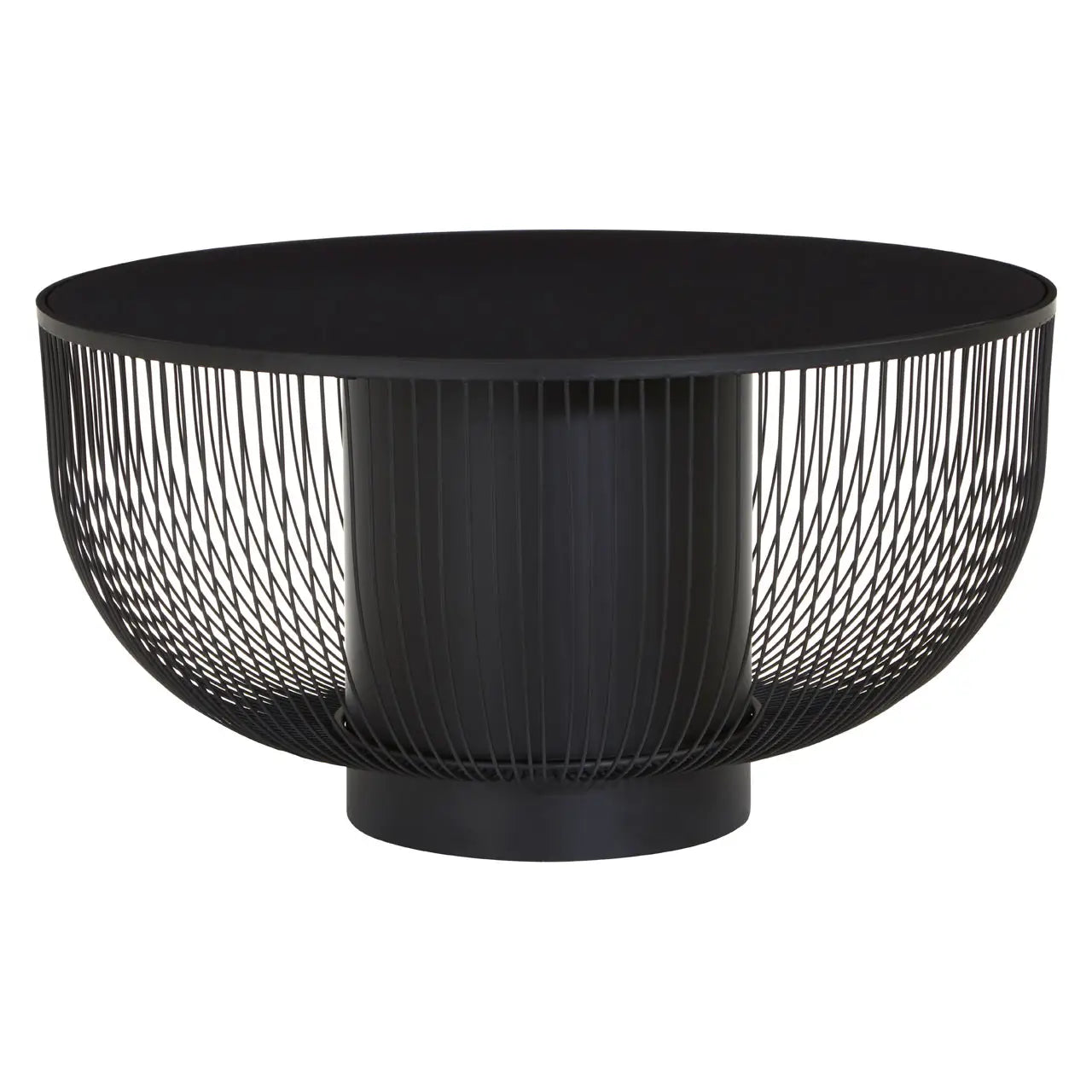 Trento coffee table features a black metal wireframe and matt black glass top