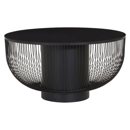 Trento coffee table features a black metal wireframe and matt black glass top