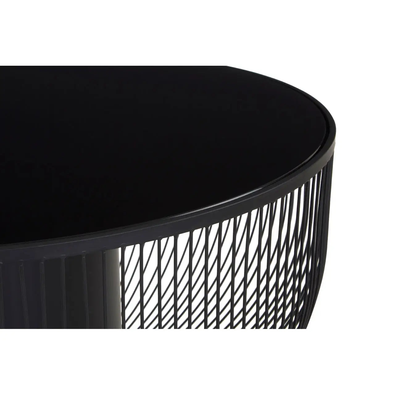 Close up - Trento coffee table features a black metal wireframe and matt black glass top