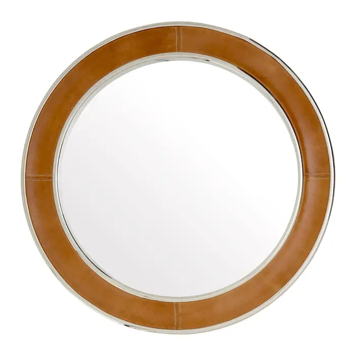 Round churchill tan genuine leather wall mirror with nickel finish steel rims 