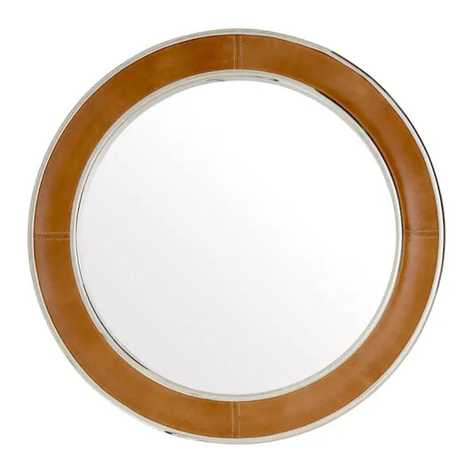 Round churchill tan genuine leather wall mirror with nickel finish steel rims 