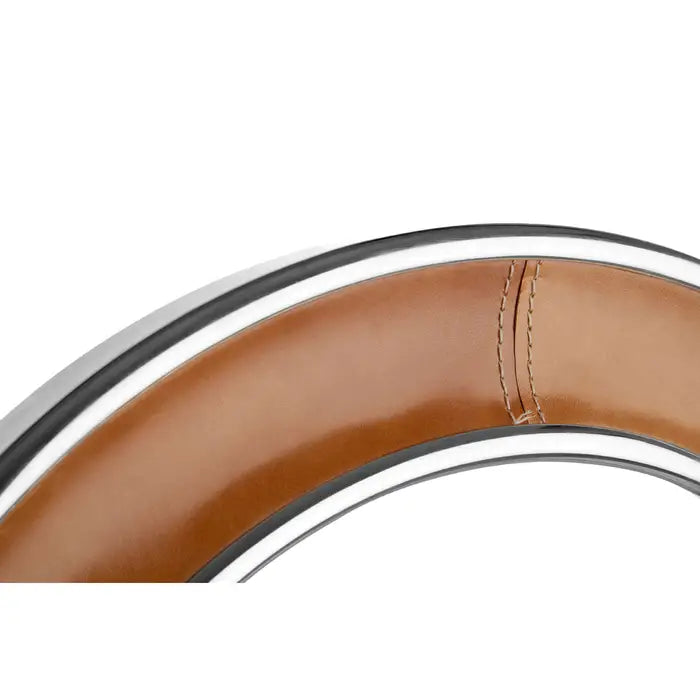 Close up - Round churchill tan genuine leather wall mirror with nickel finish steel rims