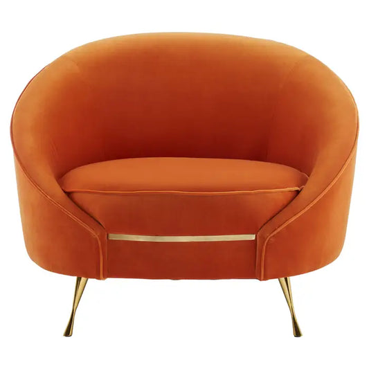 Manhattan orange velvet armchair with curved backrest and brass finish angled legs