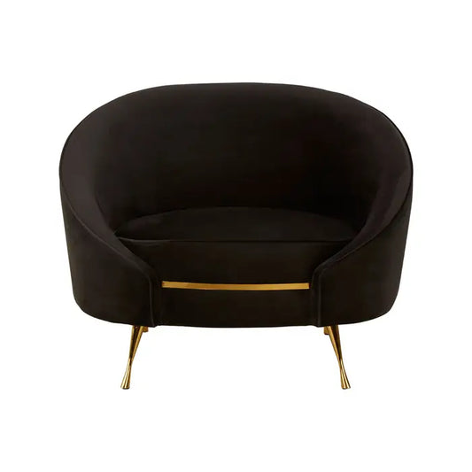 Manhattan black velvelt armchair with curved armrest and brass finish angled legs