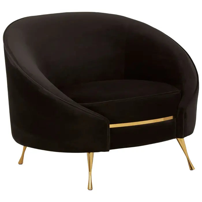 Manhattan black velvelt armchair with curved armrest and brass finish angled legs