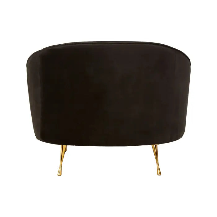 back view Manhattan black velvelt armchair with curved armrest and brass finish angled legs