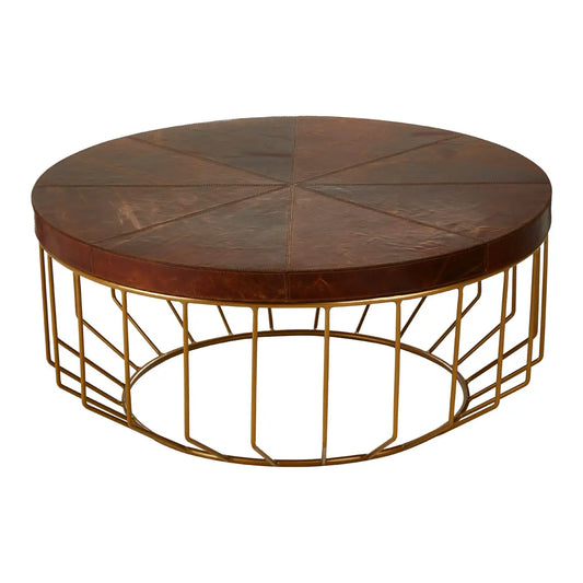 KENSINGTON TOWNHOUSE Brown Round Coffee Table with genuine table leather table top and copper powder coated iron legs