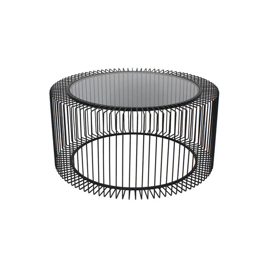 Coffee table with a symmetrical black-finished metal wireframe and clear glass top