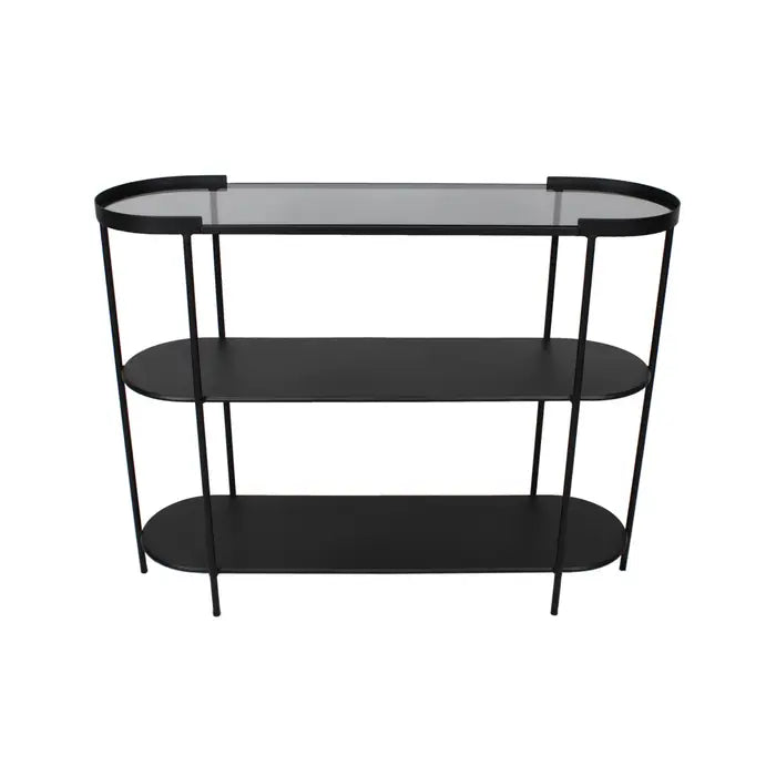 Trento Console Table - Console table with slender black iron frame and grey tempered glass top.