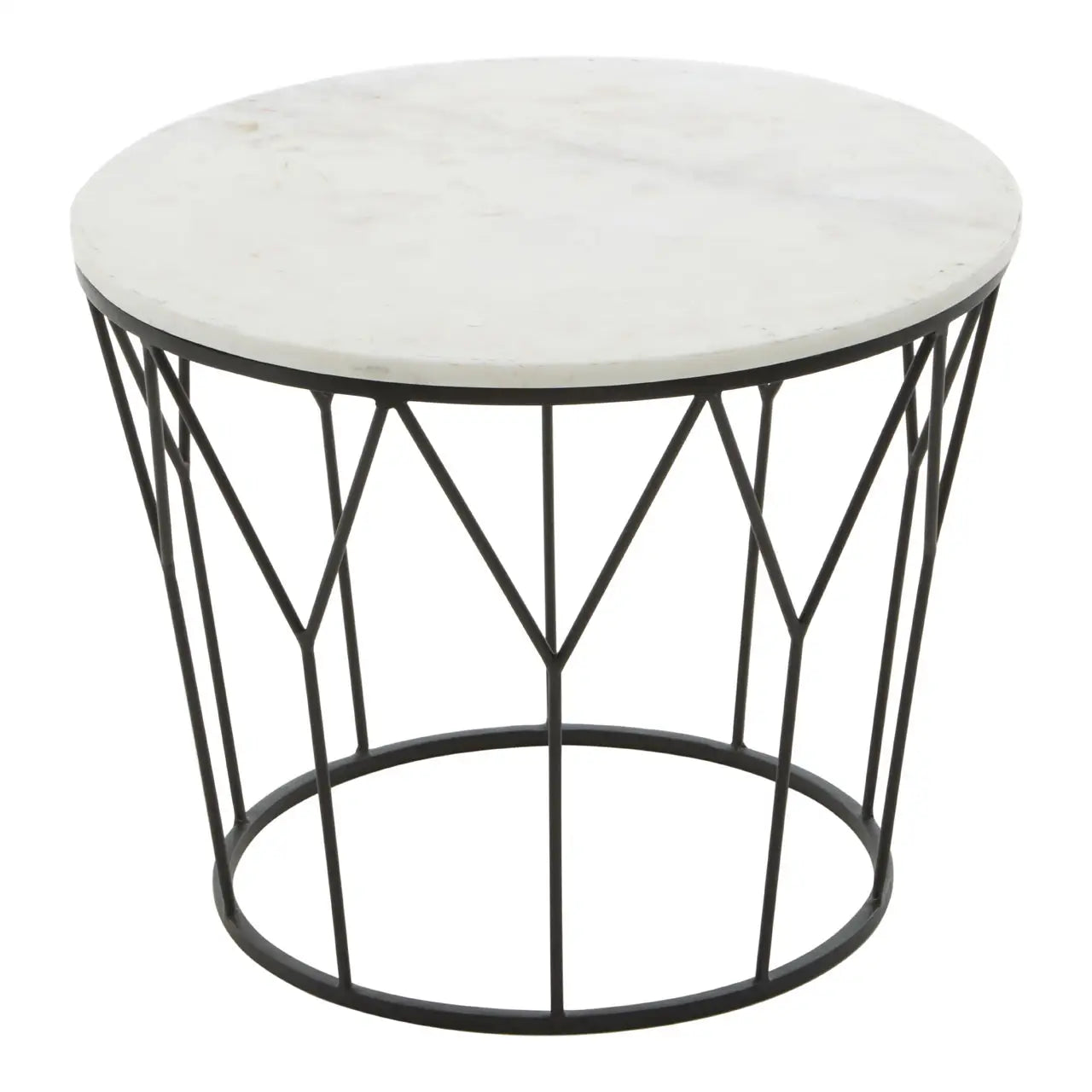 SHALIMAR Coffee table with geometric base of inverted triangles. Topped with a round white marble slab