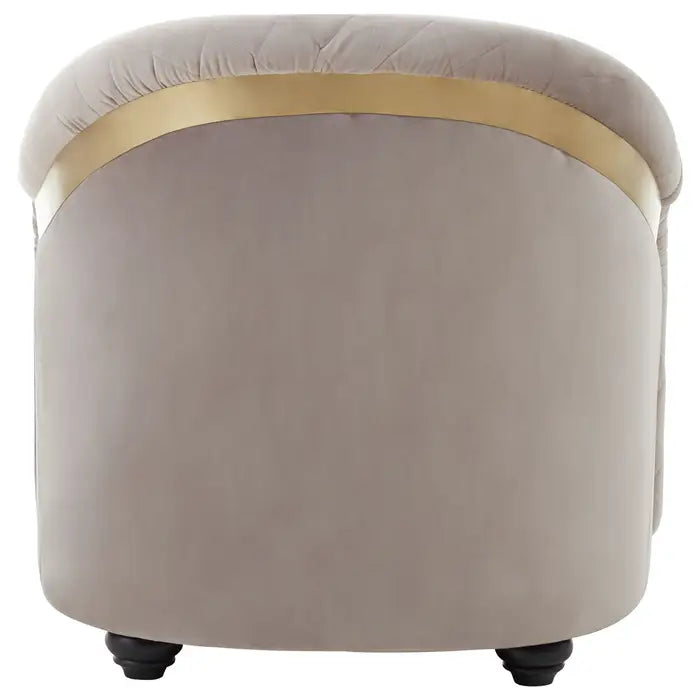 Fifi One Seat Sofa-  back view of grey velvet sofa with gold finish band and orb feet.