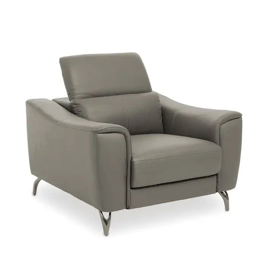 The Padua armchair features grey leather upholstery with thick foam padding