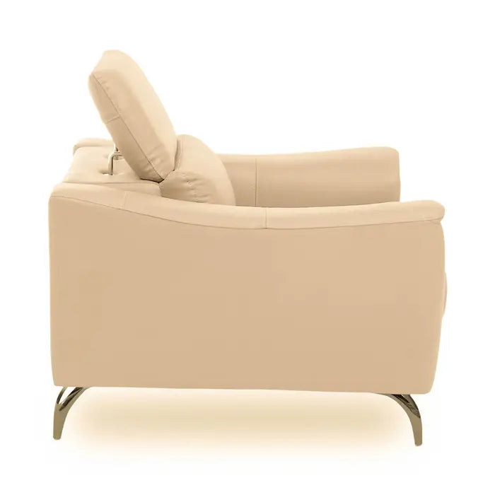 The Padua Armchair - Side view of Stone colour leather upholstered chair with foam padding