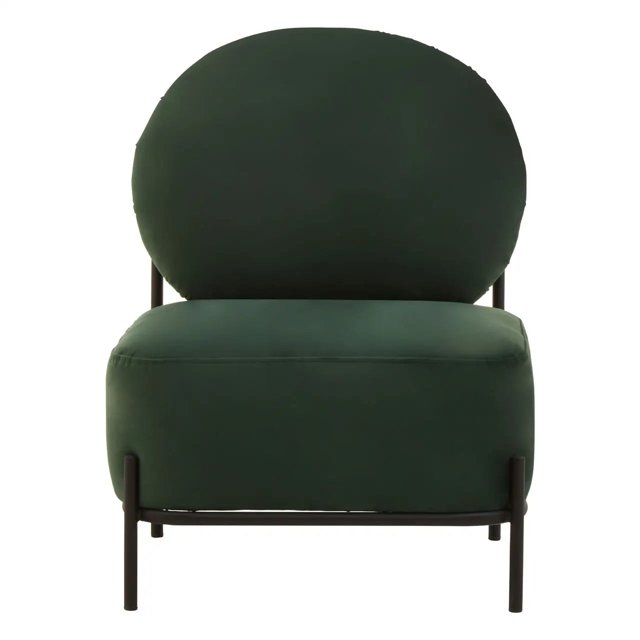 The HAYA green armchair features plush green velvet upholstery and black metal supporting frame and legs.