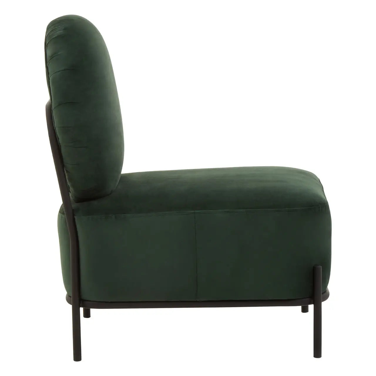 Side View - The HAYA green armchair features plush green velvet upholstery and black metal supporting frame and legs.