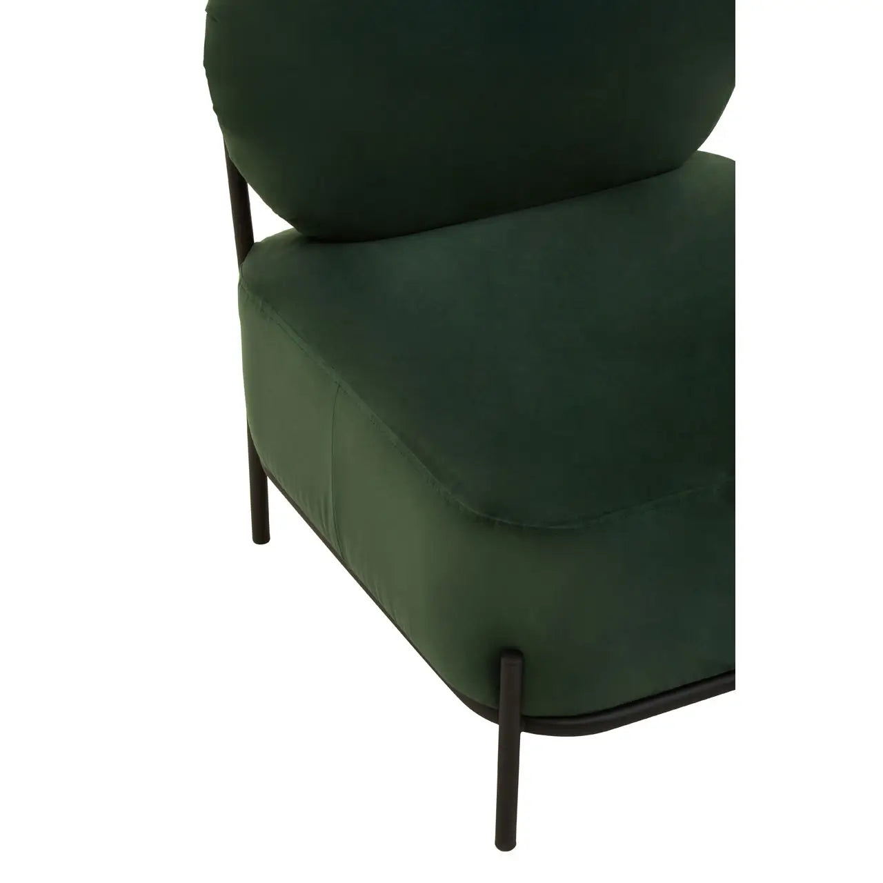 Close Up of seat- The HAYA green armchair features plush green velvet upholstery and black metal supporting frame and legs.