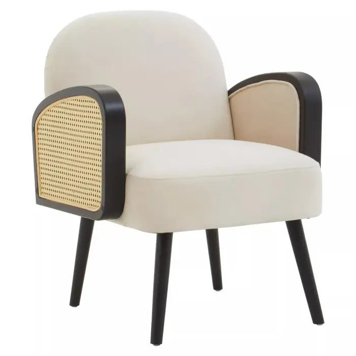 Luxury neutral toned armchair featuring rattan detailed arm rest and curved backrest