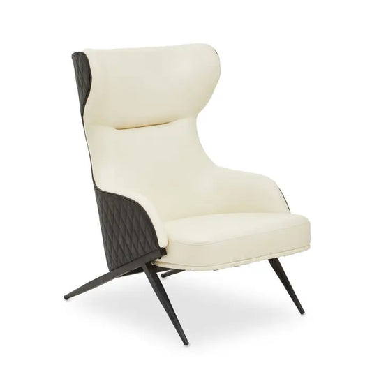 The Kiev Armchair -Ivory wingback chair features a curved backseat and armrests with a padded seat, supported by angled black metal legs