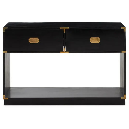 black mango wood console table with gold finishings and two drawers