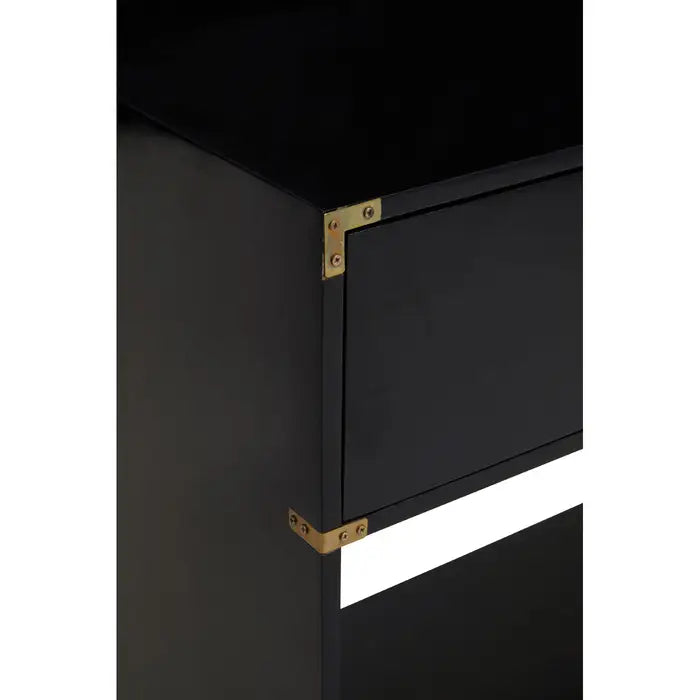 Close up - black mango wood console table with gold finishings and two drawers